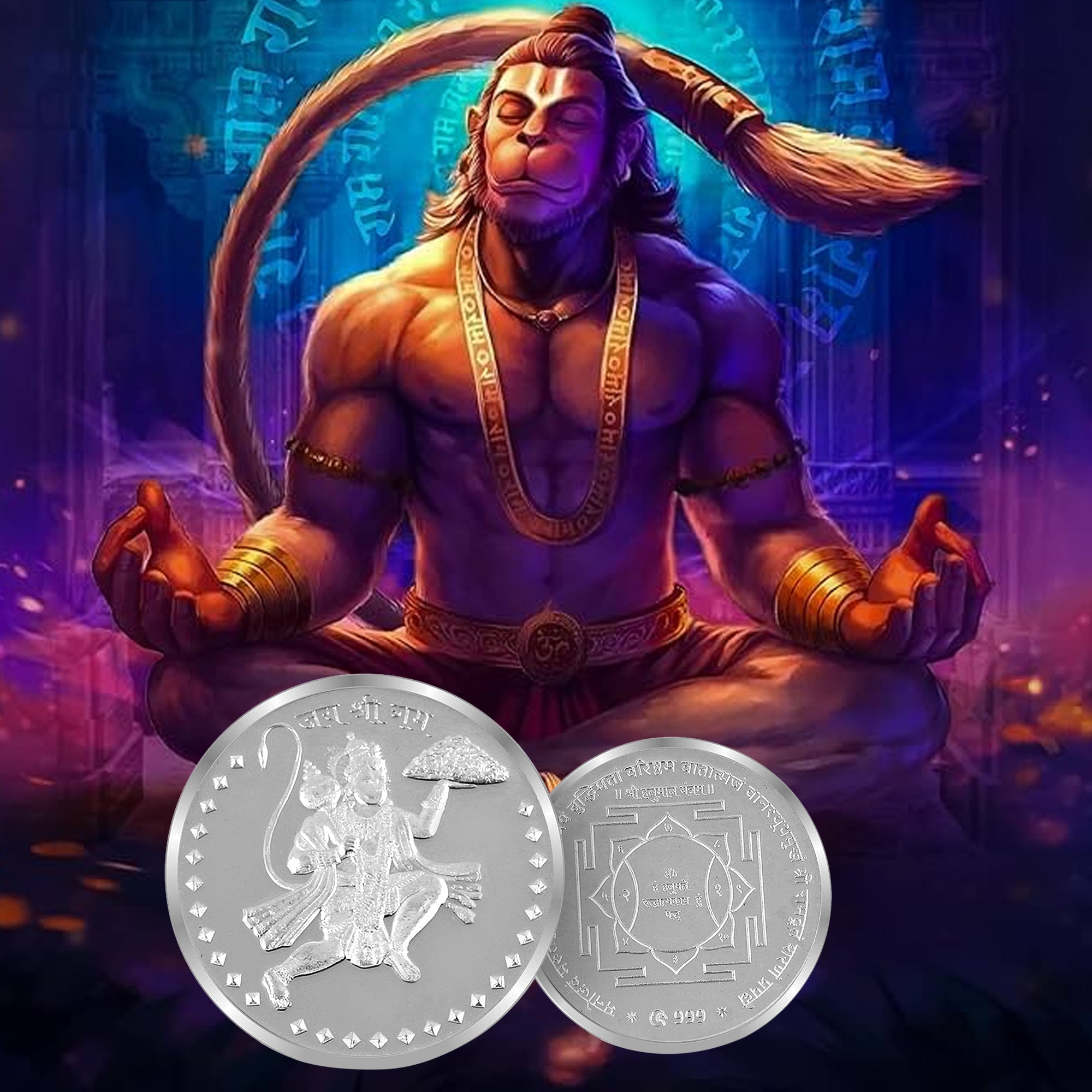 100% pure solid silver Hanuman ji with Hanuman ji yantra on Reverse