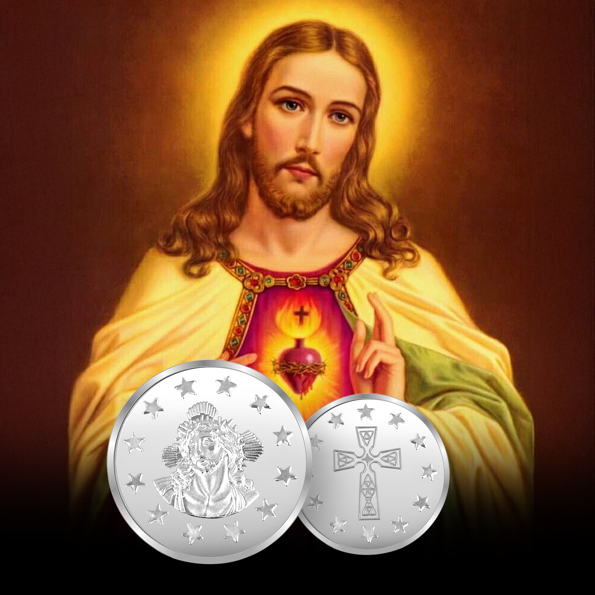 100% Pure Solid Silver Jesus Christ Coin with Holy Cross on the Reverse