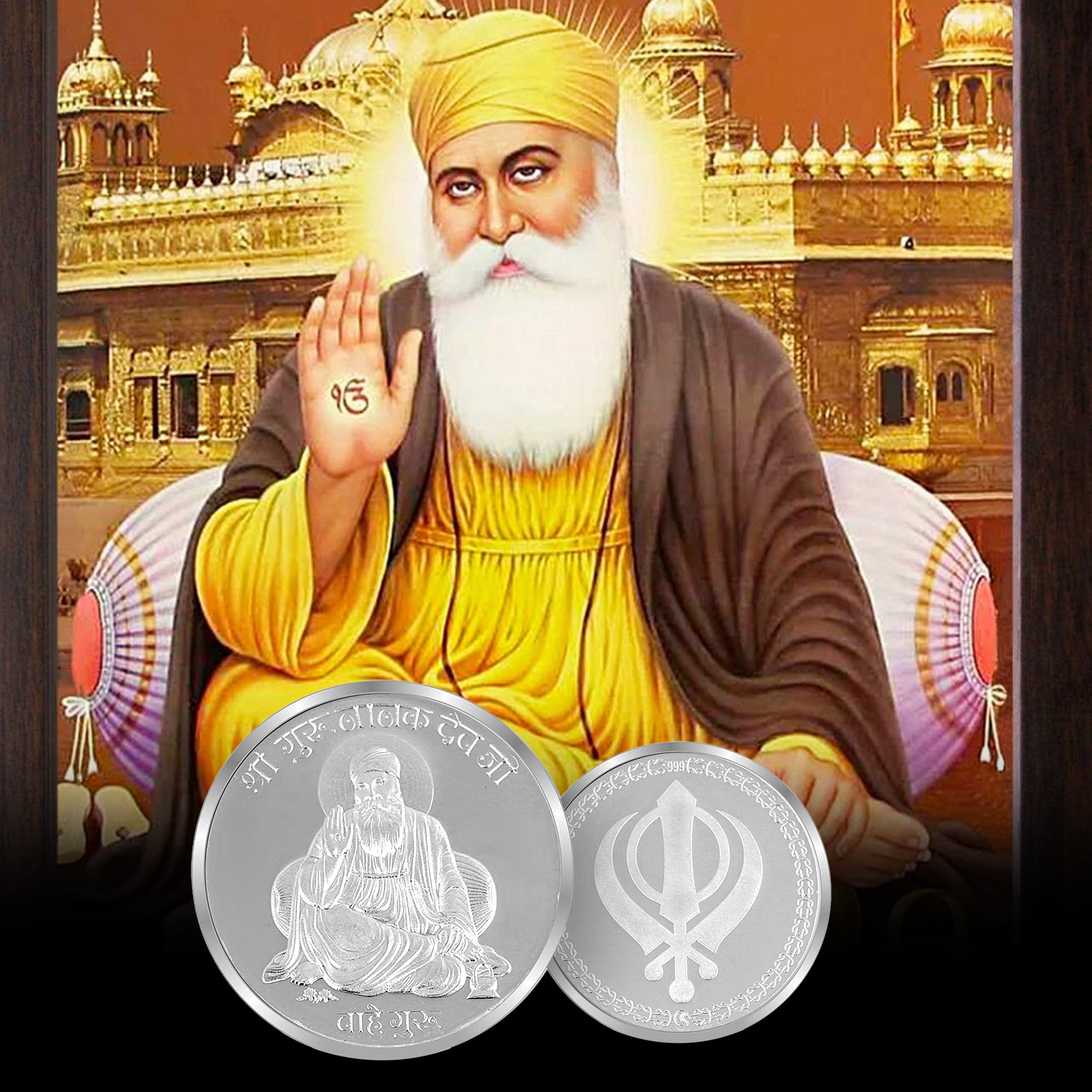 100% Pure Solid Silver Guru Nanak Ji Coin with Shri Khanda Sahib on Reverse