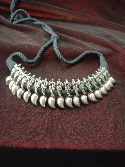 925 Solid Silver Necklace - Handmade Oxidized Adjustable Kanthi Necklace