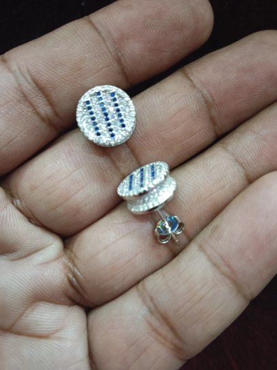 Handcrafted CZ Stud Earrings - 925 Sterling Silver with Blue Imitation Stones