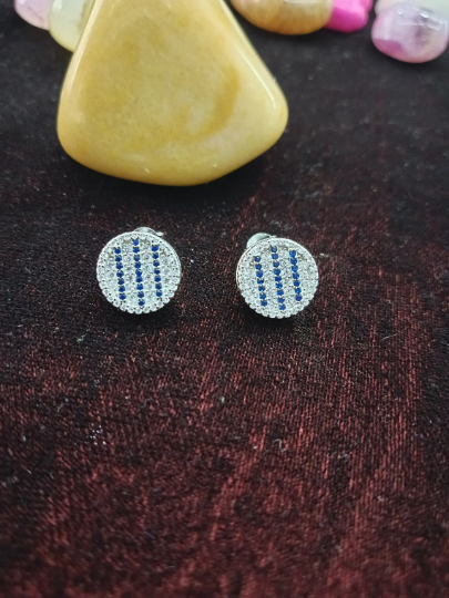 Handcrafted CZ Stud Earrings - 925 Sterling Silver with Blue Imitation Stones
