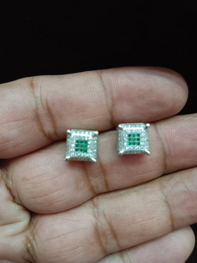 Exquisite 925 Sterling Silver Handmade CZ Stud Earrings for Her with Green Imitation Stones