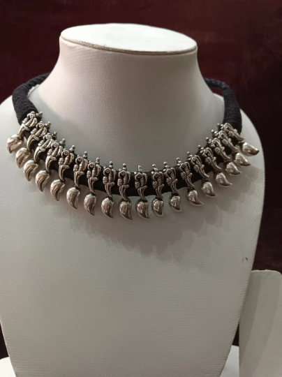 925 Solid Silver Necklace - Handmade Oxidized Adjustable Kanthi Necklace