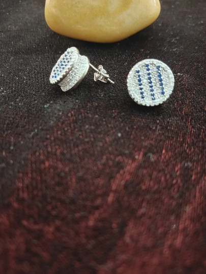 Handcrafted CZ Stud Earrings - 925 Sterling Silver with Blue Imitation Stones