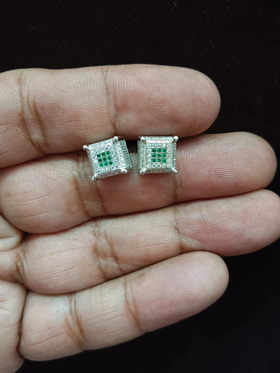 Exquisite 925 Sterling Silver Handmade CZ Stud Earrings for Her with Green Imitation Stones