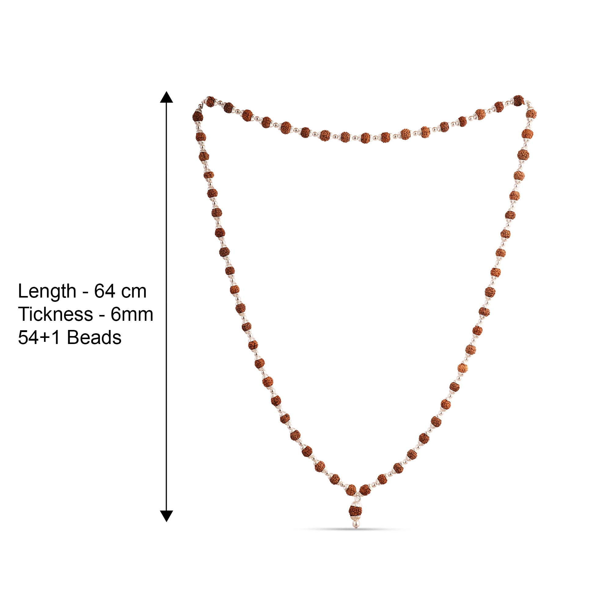 A beaded necklace made of round brown beads with a central larger bead, displayed on a white background with a vertical measurement arrow and text indicating length 64 cm, thickness 6 mm, and 54+1 beads.