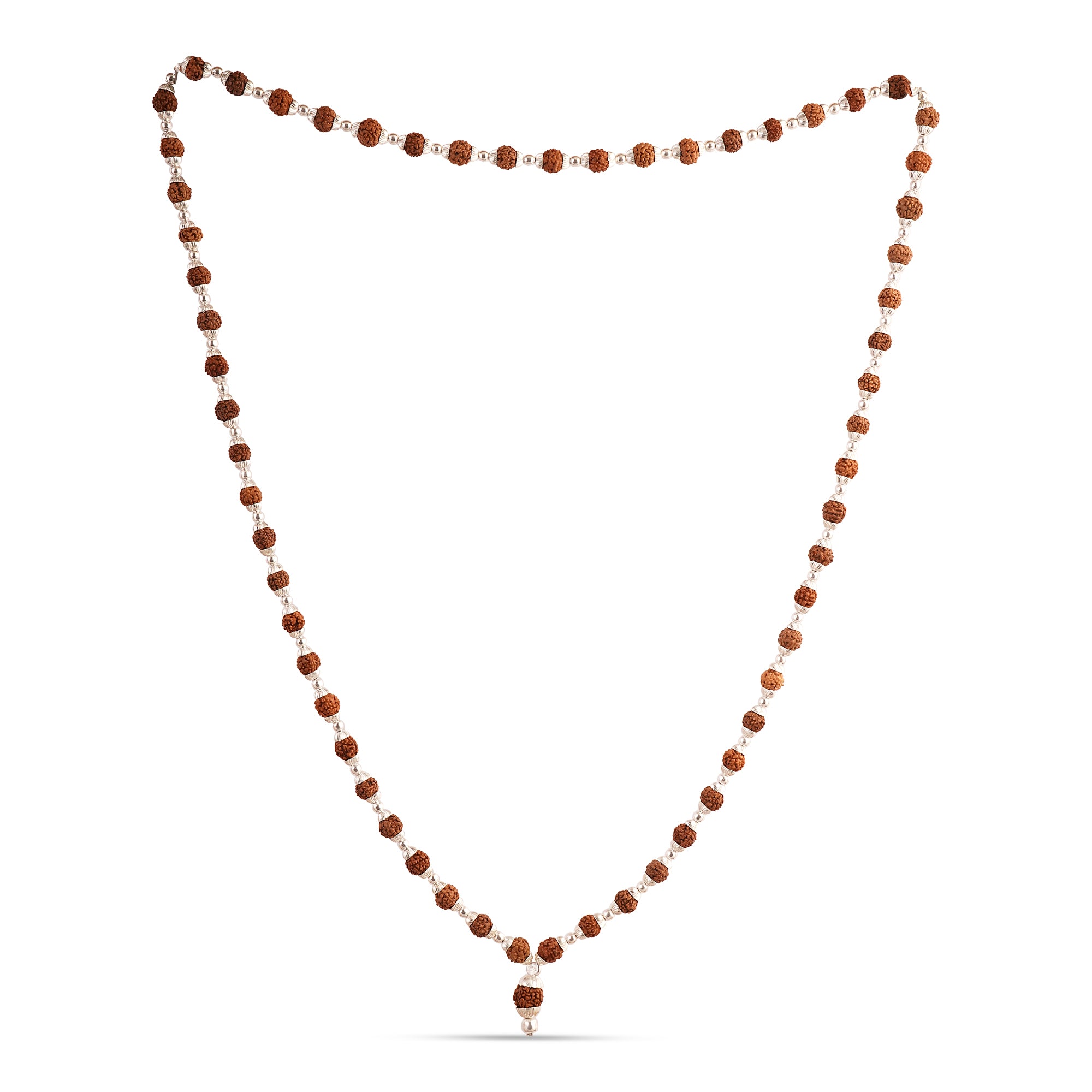 A beaded necklace featuring textured reddish-brown beads separated by small clear crystal-like spacer beads, displayed on a clean white background.