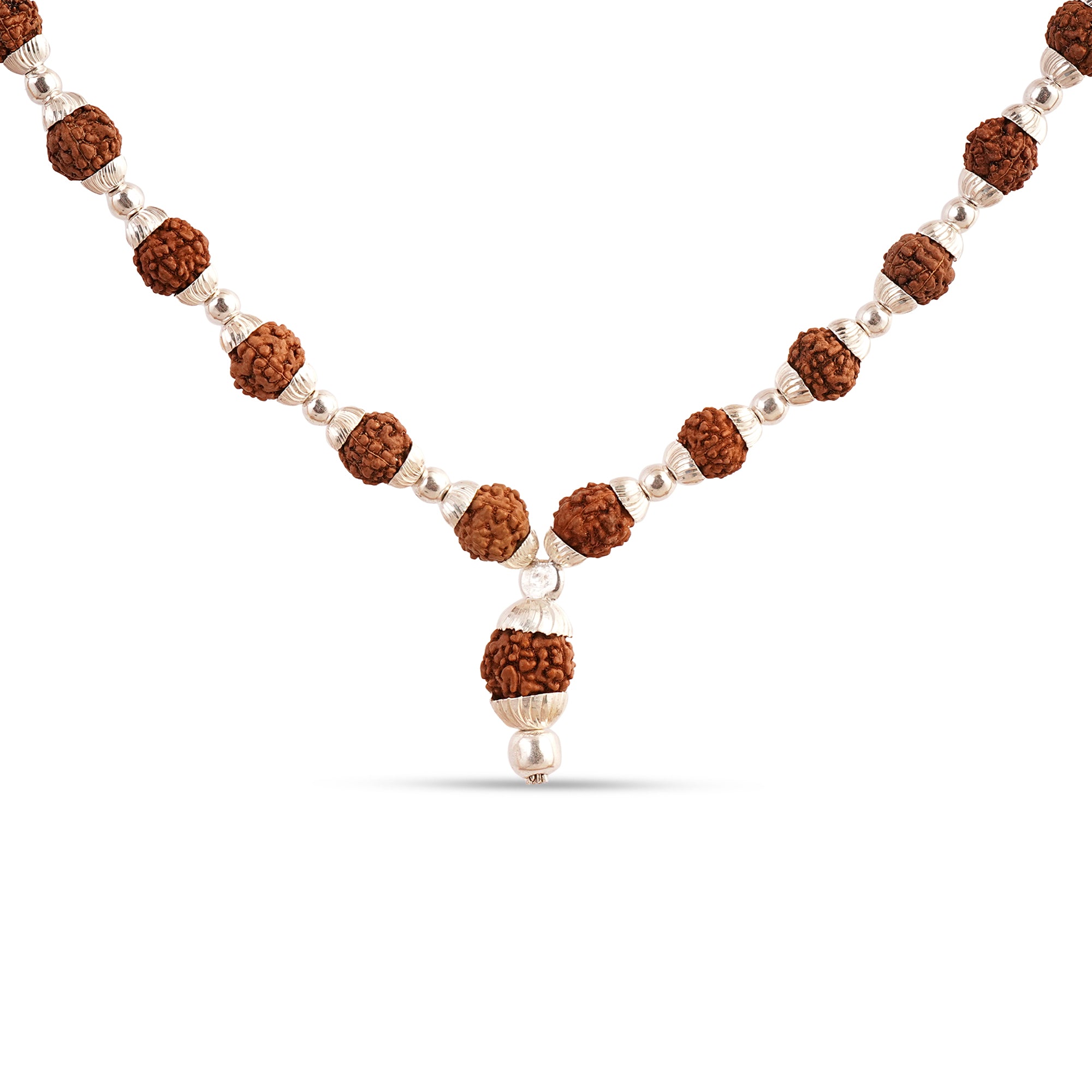 A beaded necklace featuring natural brown rudraksha beads, silver-toned spacer beads, and a central pearl pendant, displayed on a clean white background.