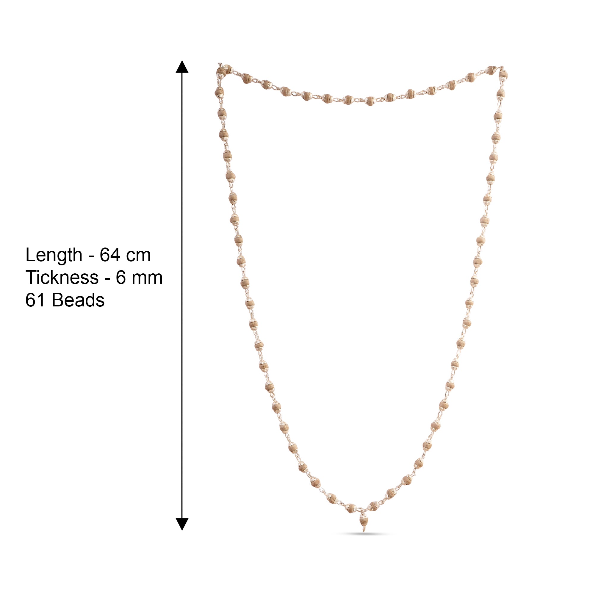A beaded necklace shown on a white background with measurement text indicating a length of 64 cm, thickness of 6 mm, and 61 beads.
