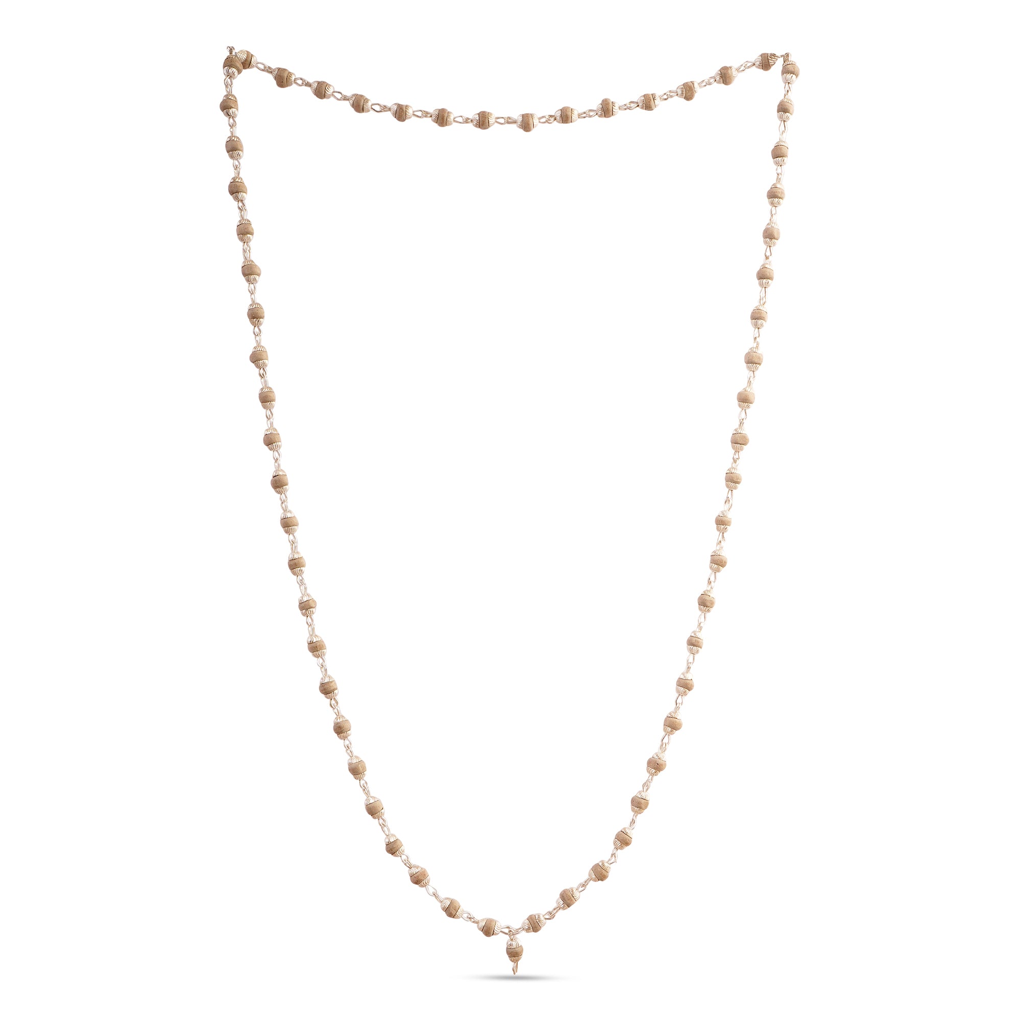A delicate beaded necklace made of small, round, textured beads in a warm champagne-gold tone, displayed on a clean white background.