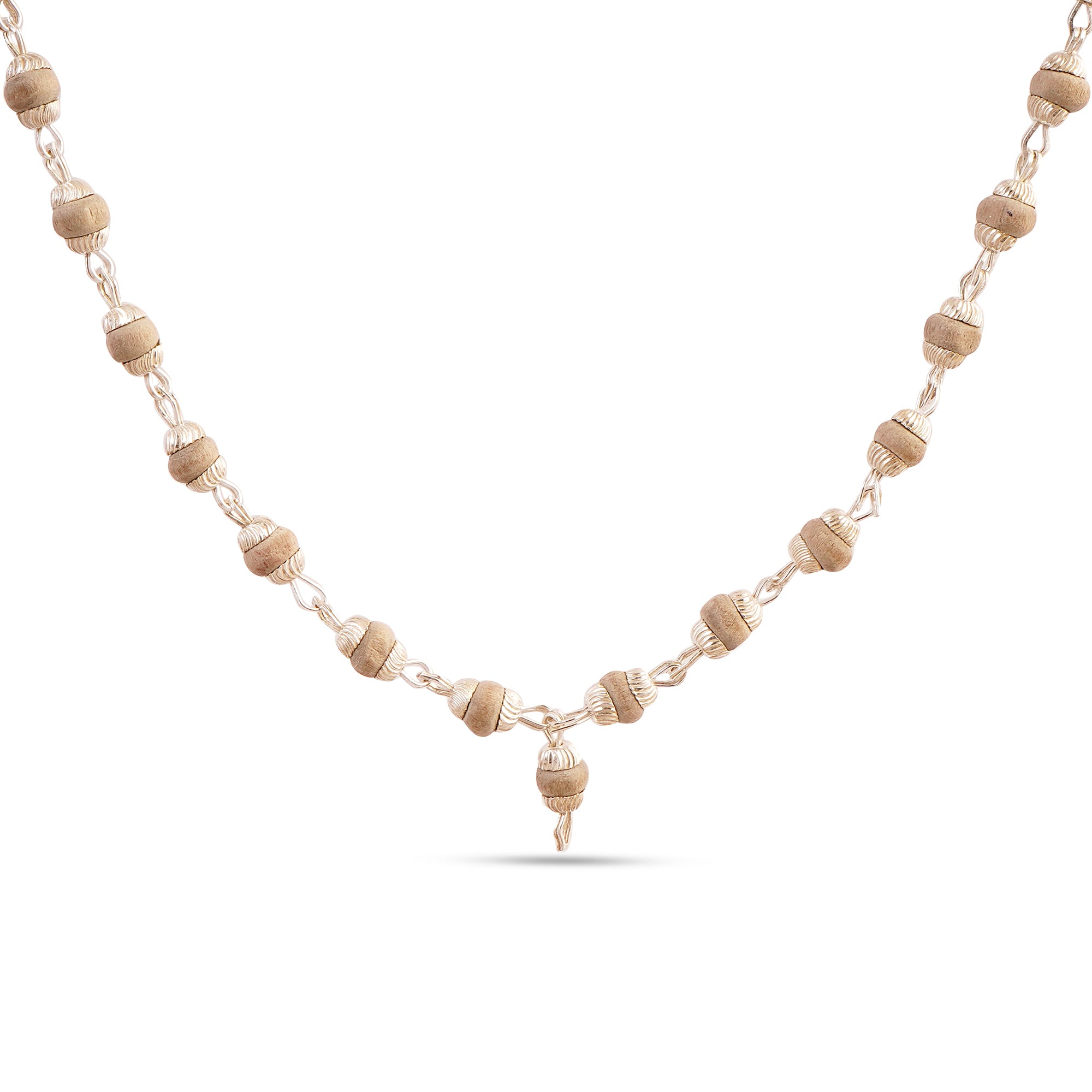 A delicate gold chain necklace featuring small textured wooden beads and a small acorn-shaped wooden pendant, displayed against a solid white background.