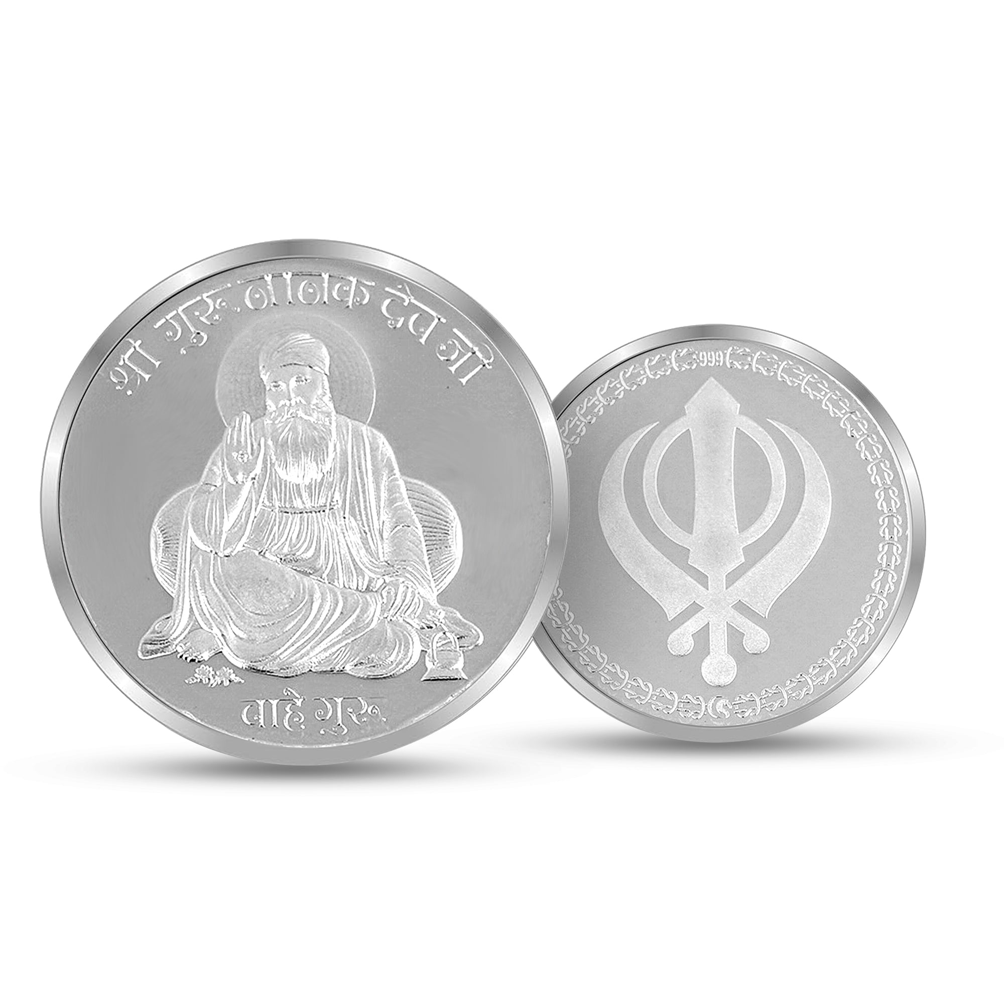 100% Pure Solid Silver Guru Nanak Ji Coin with Shri Khanda Sahib on Reverse