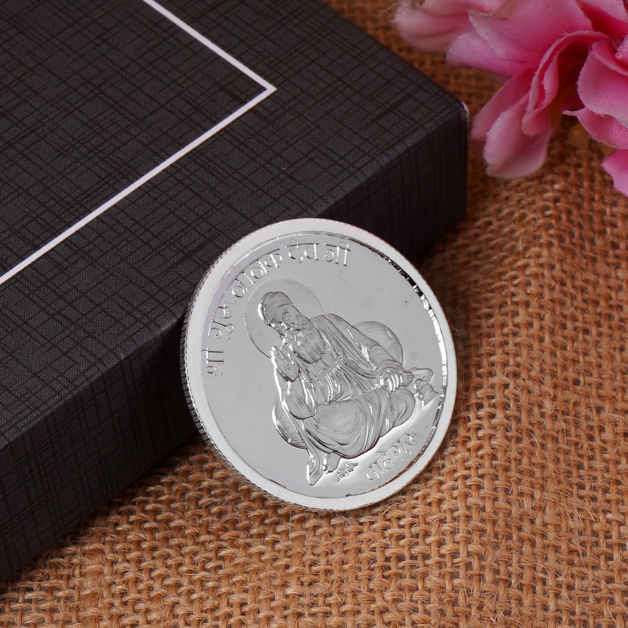 100% Pure Solid Silver Guru Nanak Ji Coin with Shri Khanda Sahib on Reverse
