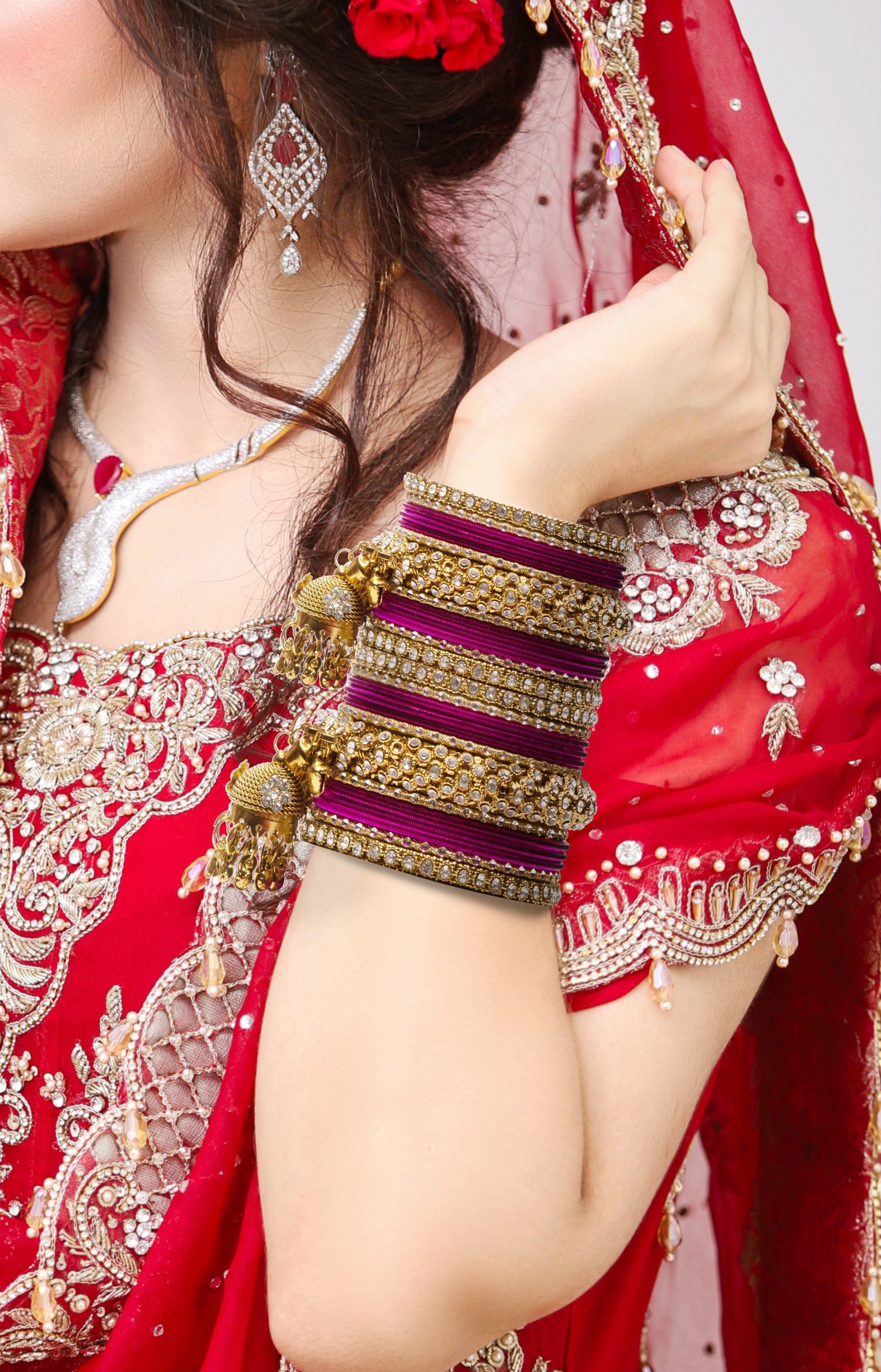 Bridal Kundan Bangles Set Plain Metal Charm Bracelet For Women Indian Partywear